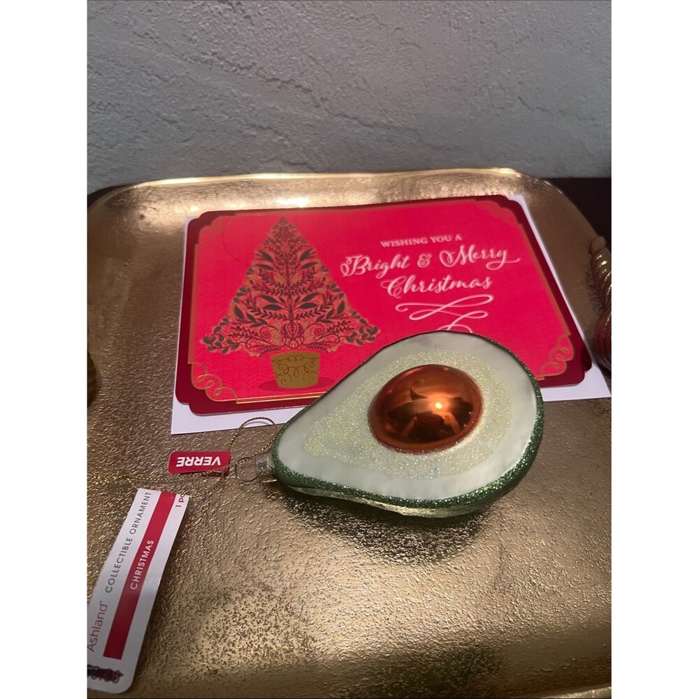 #2214*Ashland- Avocado Ornament/Glittered Glass W/Bright & Merry Christmas Card